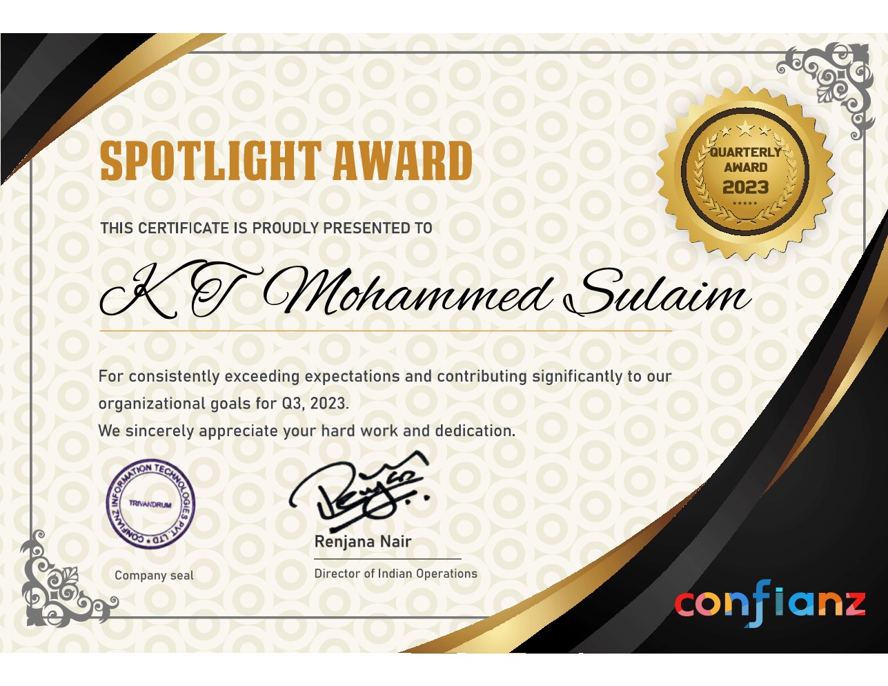 Quarterly Spotlight Award at Confianz Global