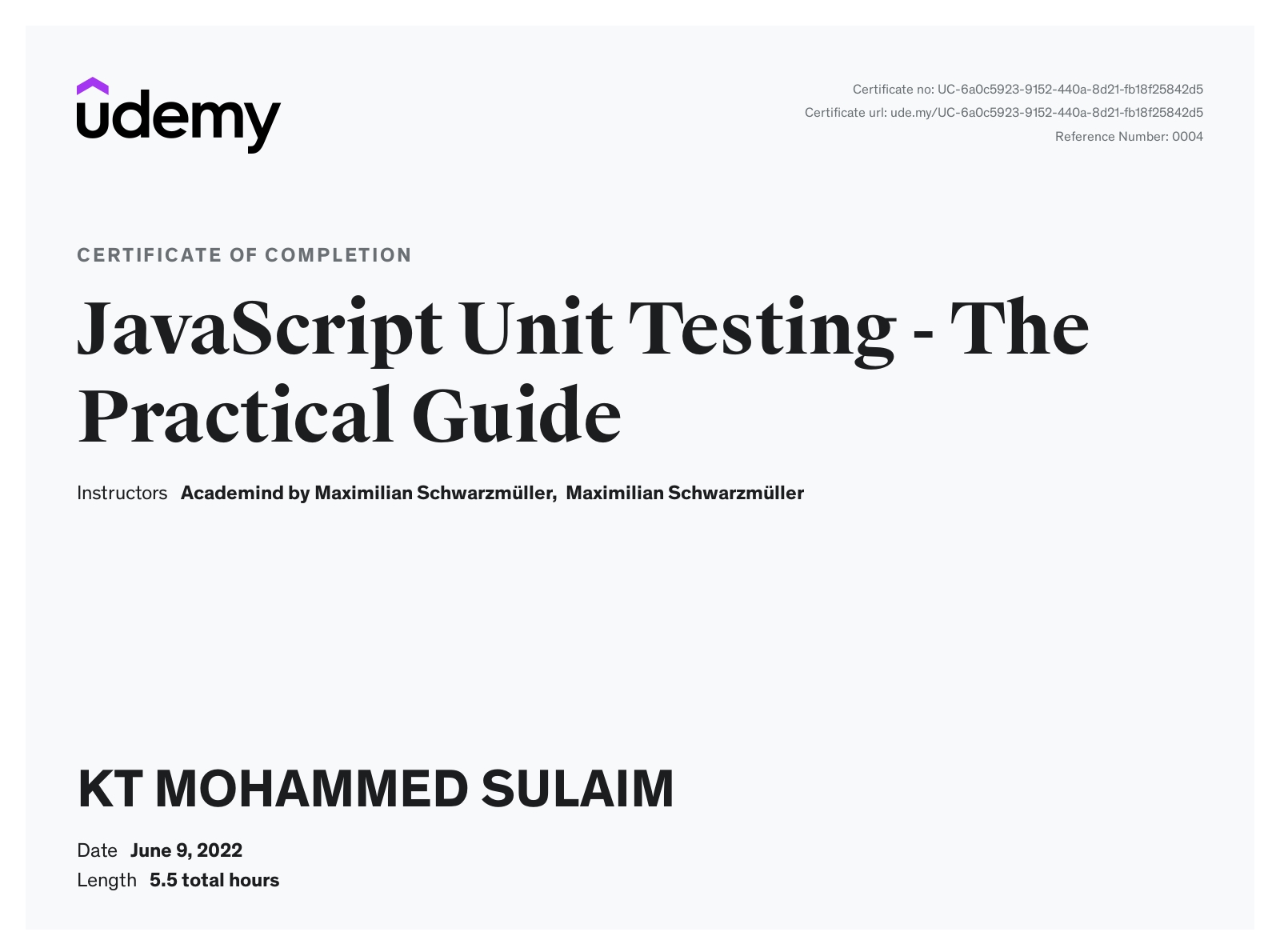 Udemy certificate — JavaScript Unit Testing: The Practical Guide