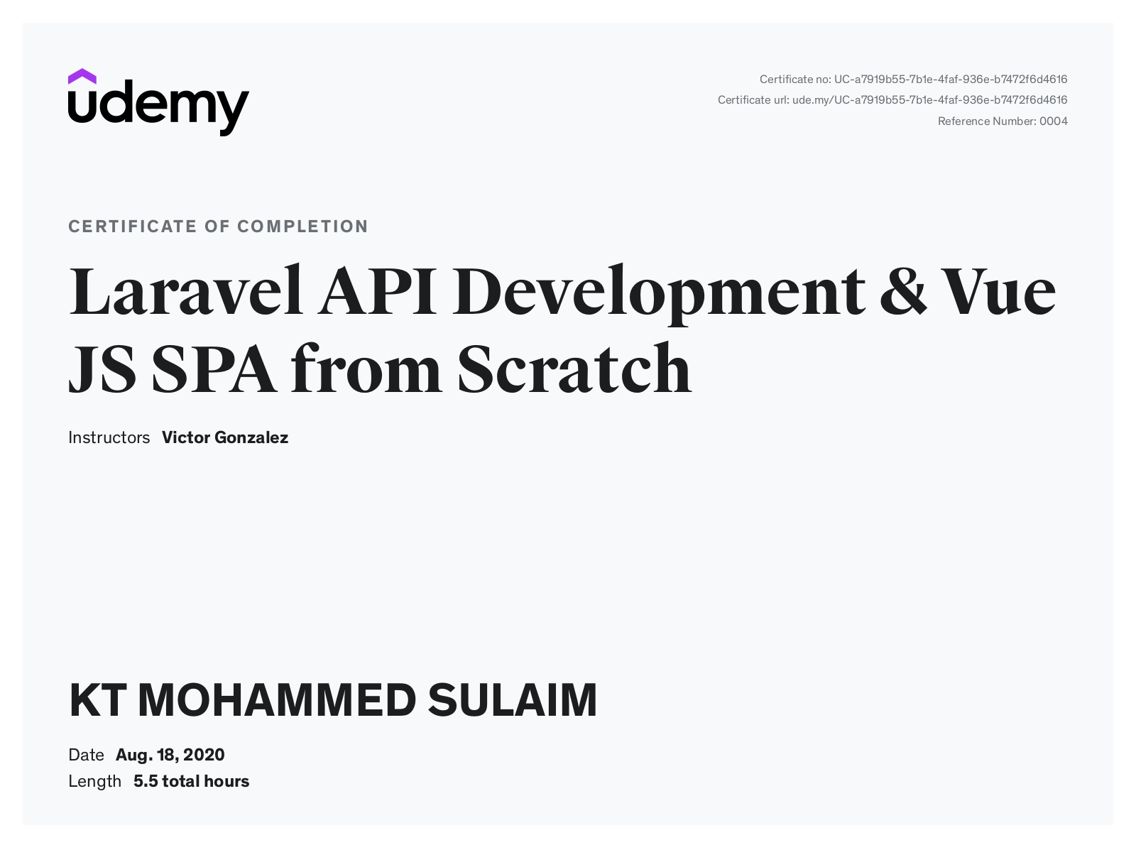 Udemy certificate — Laravel API Development & Vue JS SPA from Scratch
