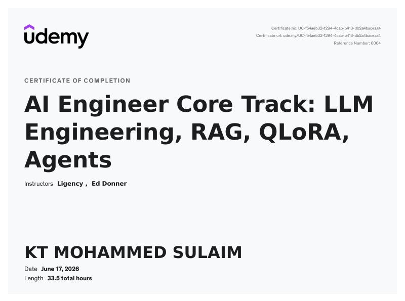 Udemy certificate — AI Engineer Core Track: LLM Engineering, RAG, QLoRA, Agents