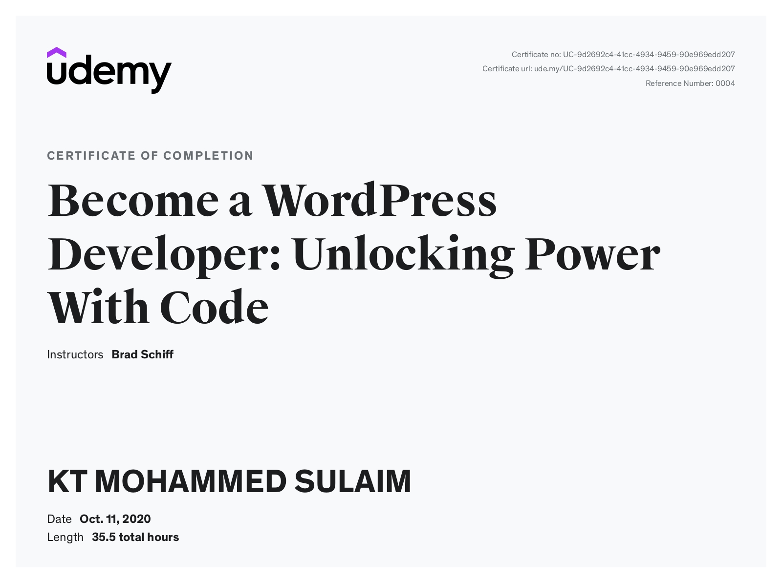 Udemy certificate — Become a WordPress Developer: Unlocking Power With Code
